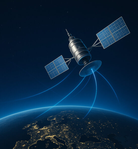 Illustration eines Kommunikationssatelliten im Orbit über der Erde bei Nacht, mit sichtbaren Stadtlichtern auf dem Planeten und blauen Datenstrahlen, die zwischen dem Satelliten und der Erde verlaufen. Der Sternenhimmel bildet den Hintergrund.