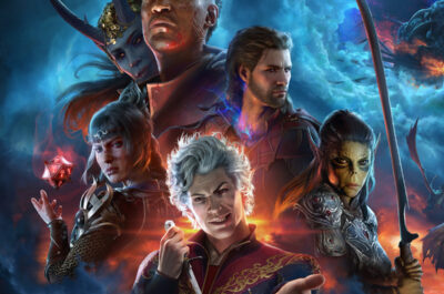 Cover-Art von Baldur's Gate 3, dass einige der Protagonisten vor einem düsteren Hintergrund zeigt.